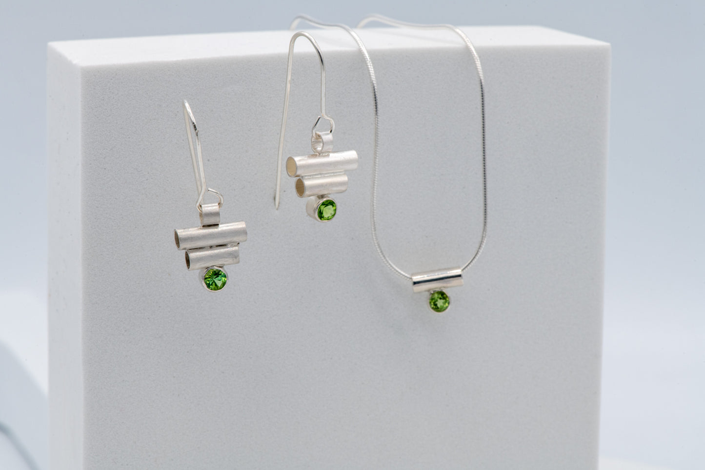 Art Deco Inspired Double Tube Earrings with Green Tourmaline gemstones