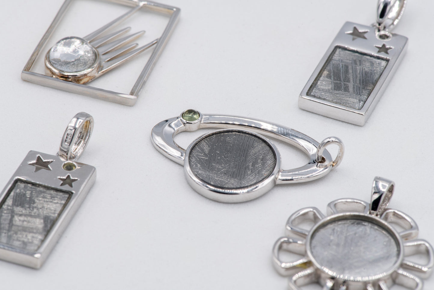 Gibeon Meteorite and Moldavite cabochon in Orbit Pendant