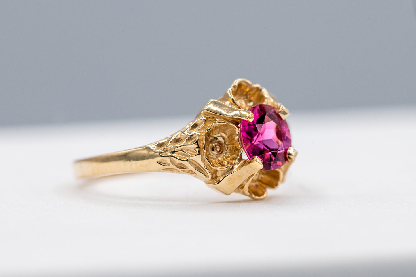 Floral Pink Tourmaline Ring in Yellow Gold