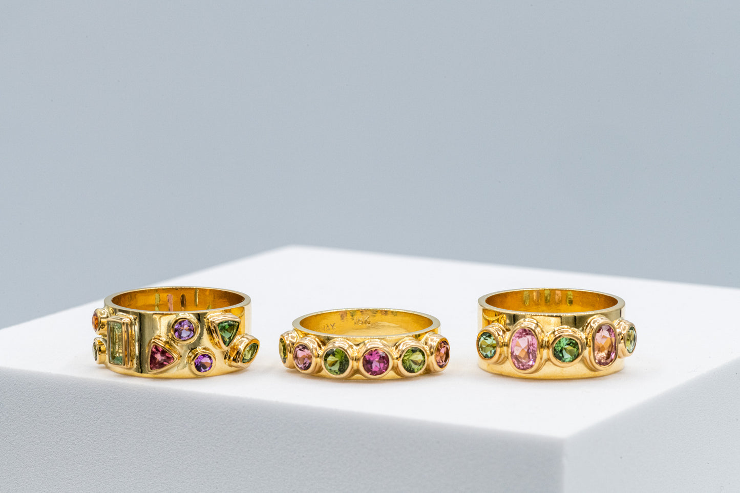 "Over the Rainbow" Pink Oval and Green Round Tourmaline Gemstone Ring