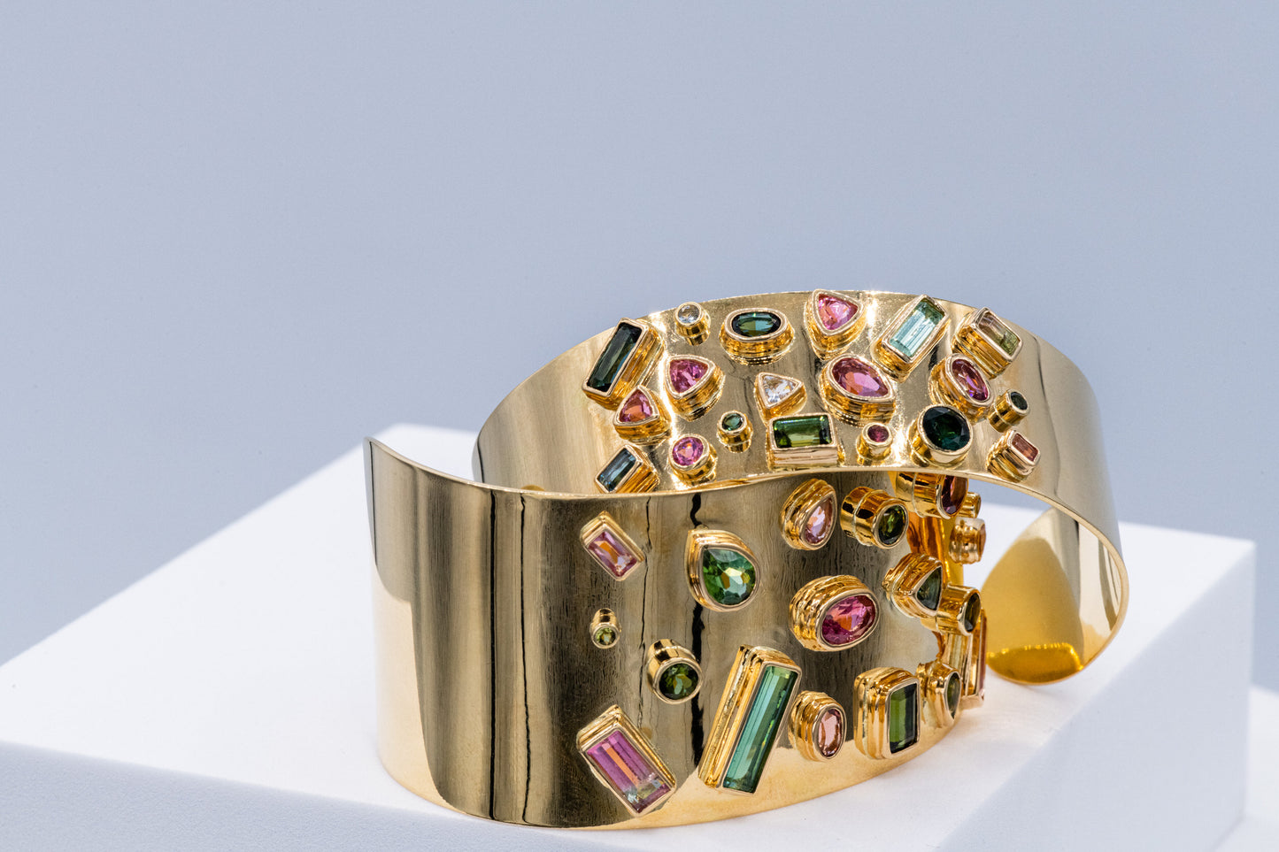 "Over the Rainbow" Tourmaline Aquamarine Gemstone Large Cuff Bracelet