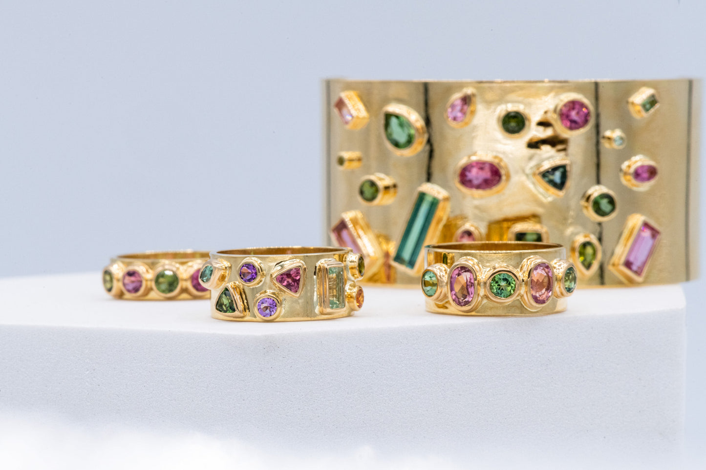 "Over the Rainbow" Tourmaline Aquamarine Gemstone Cuff Bracelet