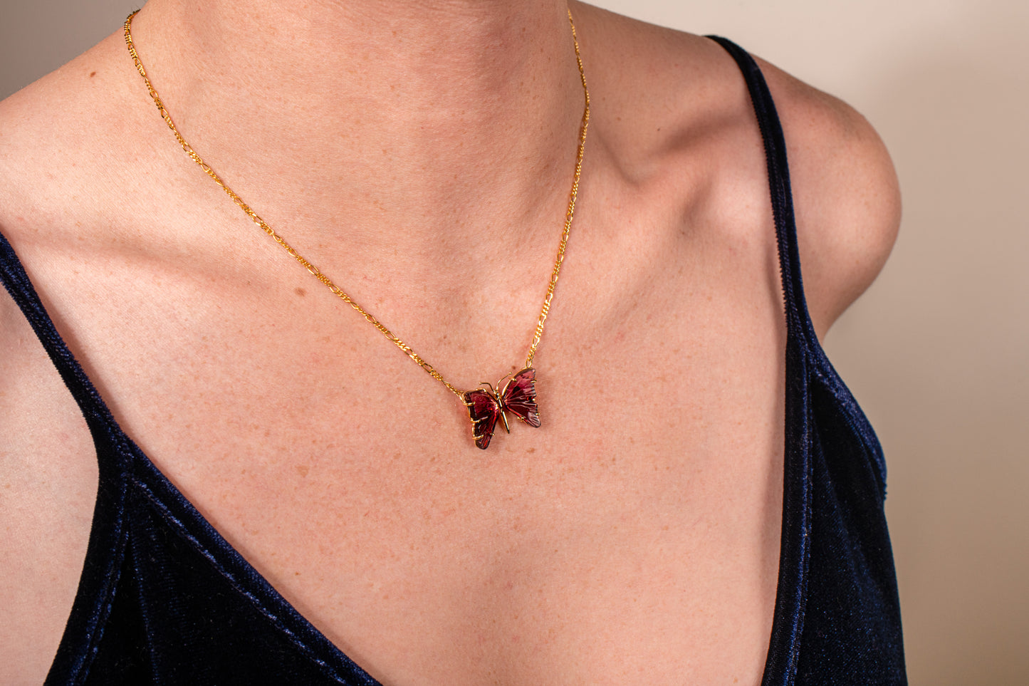 Carved Pink Tourmaline Butterfly Necklace