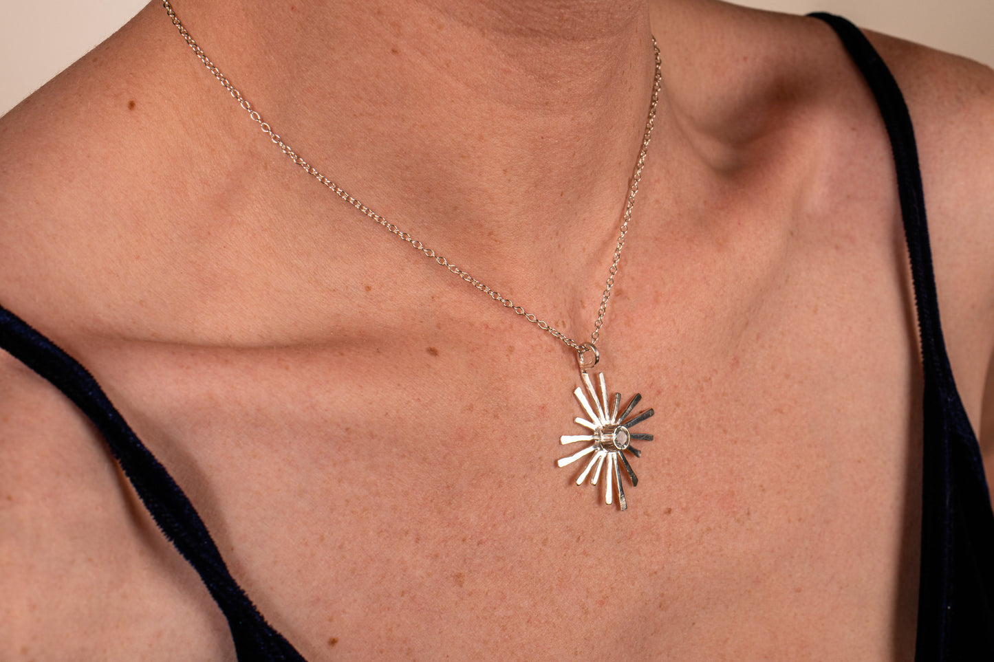 Starburst Necklace in Sterling Silver with Aquamarine Gemstone