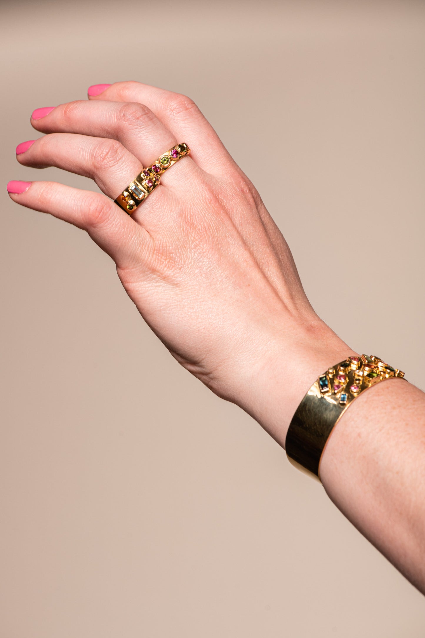 "Over the Rainbow" Tourmaline Aquamarine Gemstone Cuff Bracelet