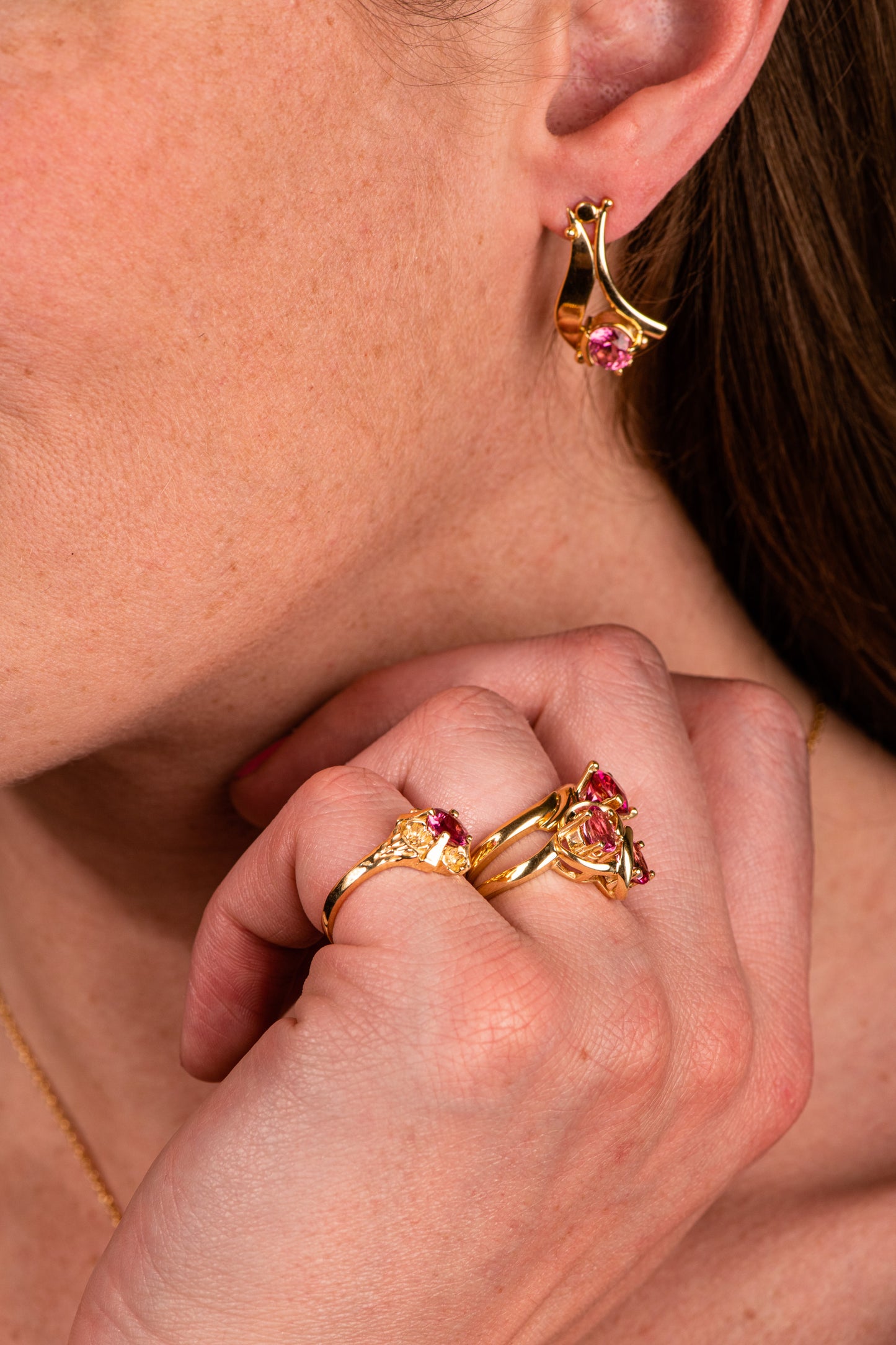 Floral Pink Tourmaline Ring in Yellow Gold