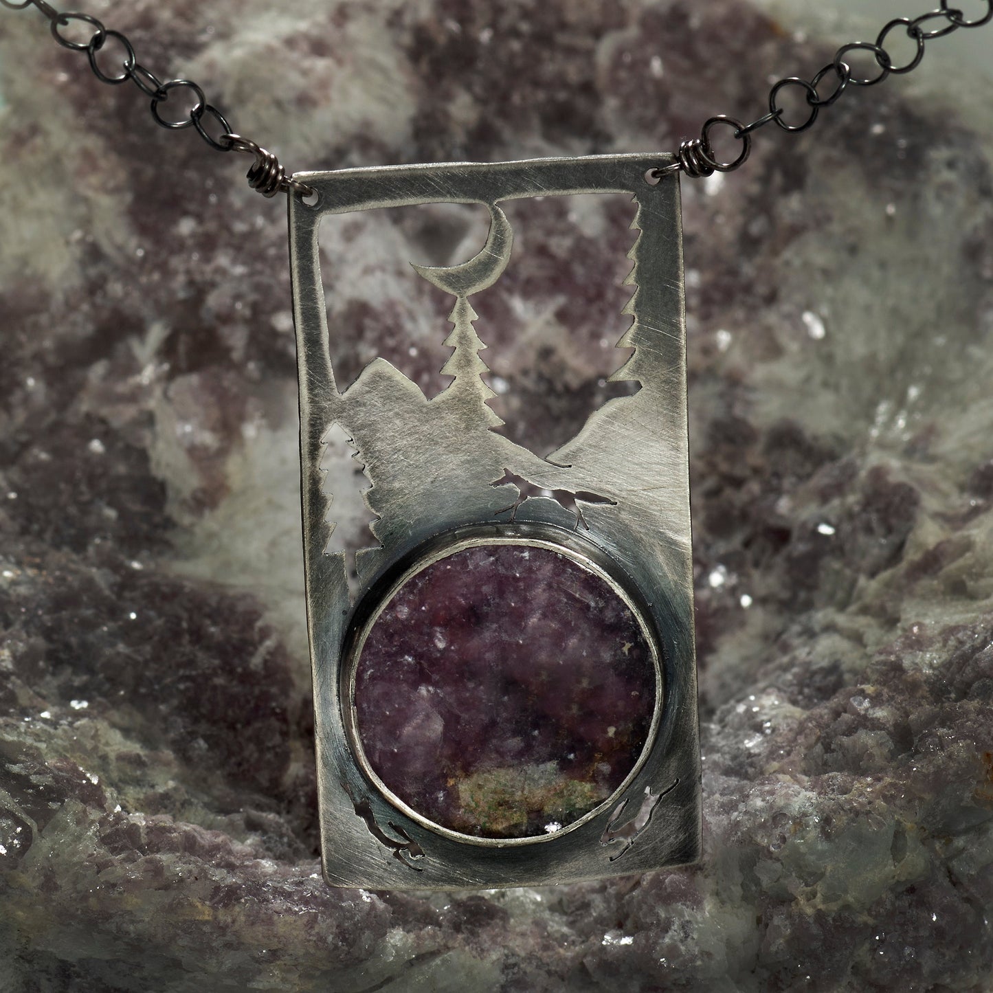 Fox in Chase with Lepidolite Cabochon