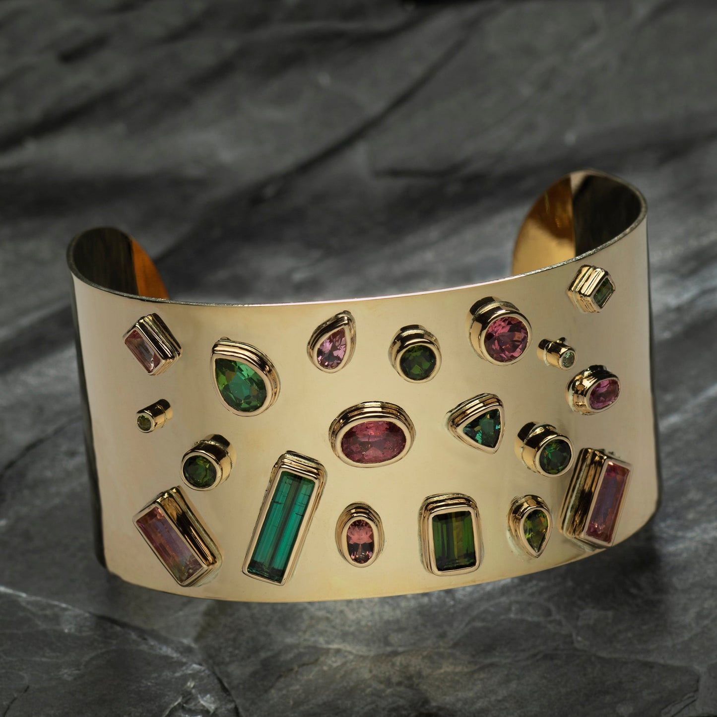 "Over the Rainbow" Tourmaline Aquamarine Gemstone Large Cuff Bracelet