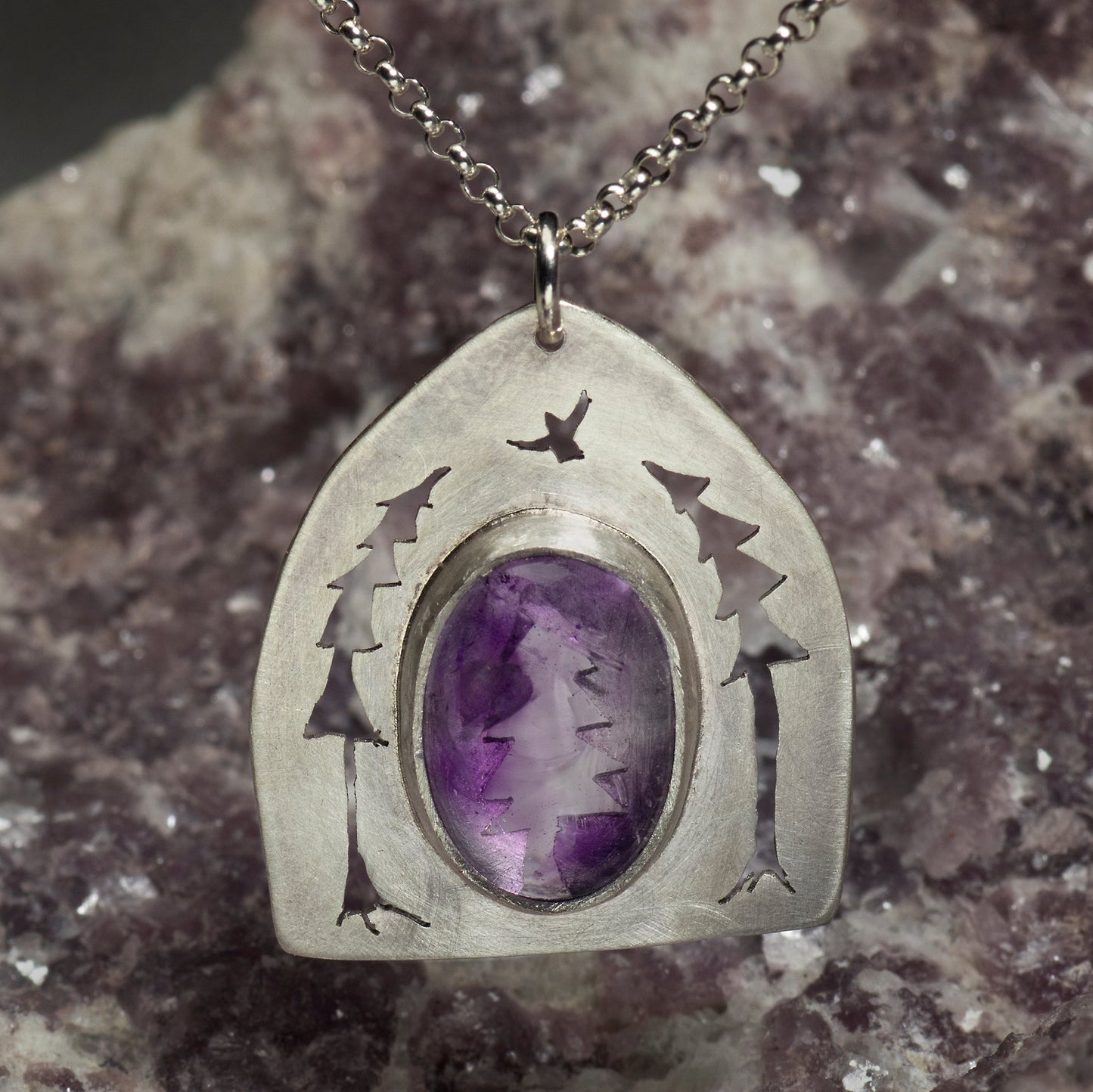 Cathedral Pines necklaces with Amethyst Cabochons by Jesse Mixer