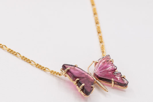Carved Pink Tourmaline Butterfly Necklace