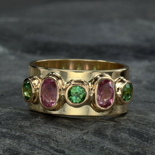 "Over the Rainbow" Pink Oval and Green Round Tourmaline Gemstone Ring