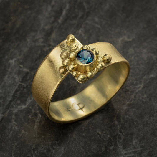 Blue Tourmaline Ring with Granulation in 18k Yellow Gold