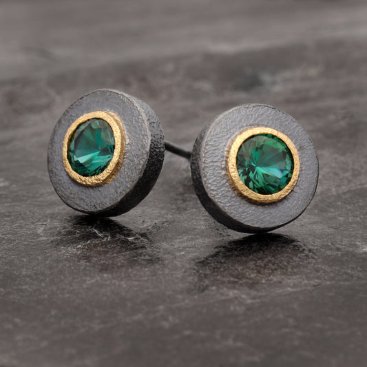 Oxidized Silver Earrings with Green Gem Tourmaline