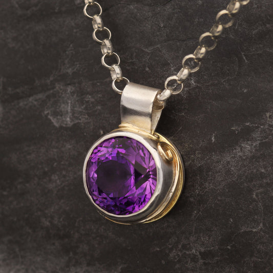 Large Round Amethyst Pendant in Sterling Silver with Yellow Gold Accents