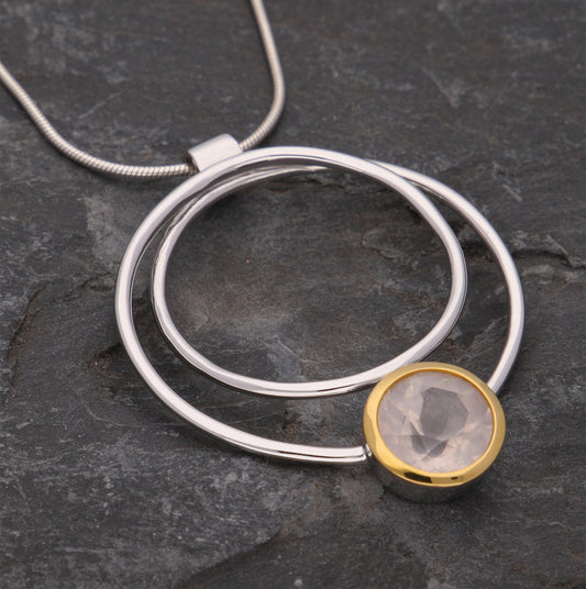 Elegant Rose Quartz Pendant in Sterling Silver and Yellow Gold