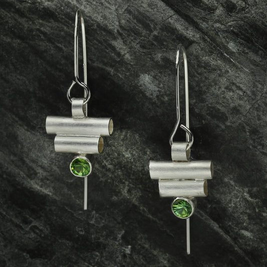 Art Deco Inspired Double Tube Earrings with Green Tourmaline gemstones
